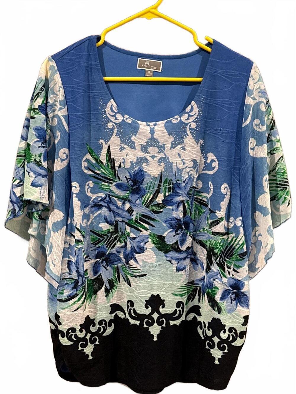 JM Collection Woman Blue Floral Print Blouse Size 1X